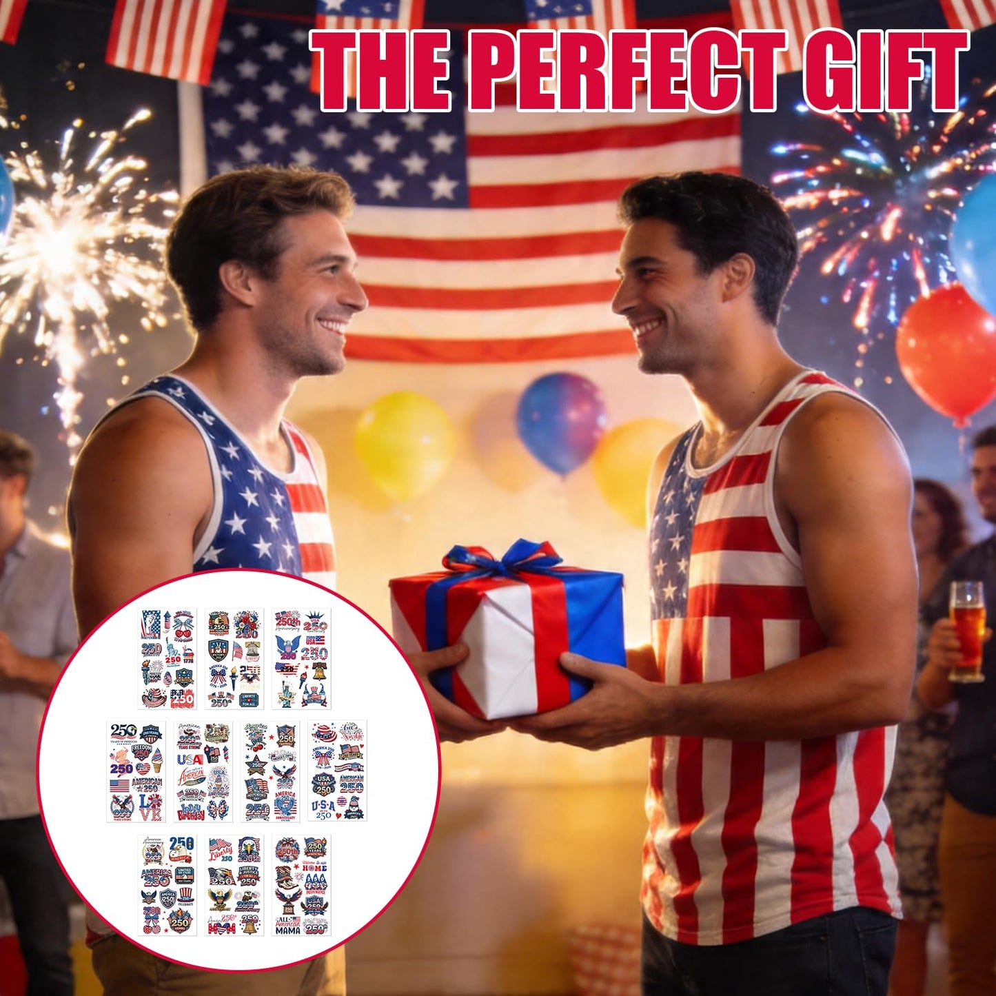 250th Anniversary Temporary Tattoos Set-100 pcs 4th of JulyPatriotic USA 1776–2026 Birthday Tattoos for Adults & Teens,America 250 Decorations Independence Day Party Favors