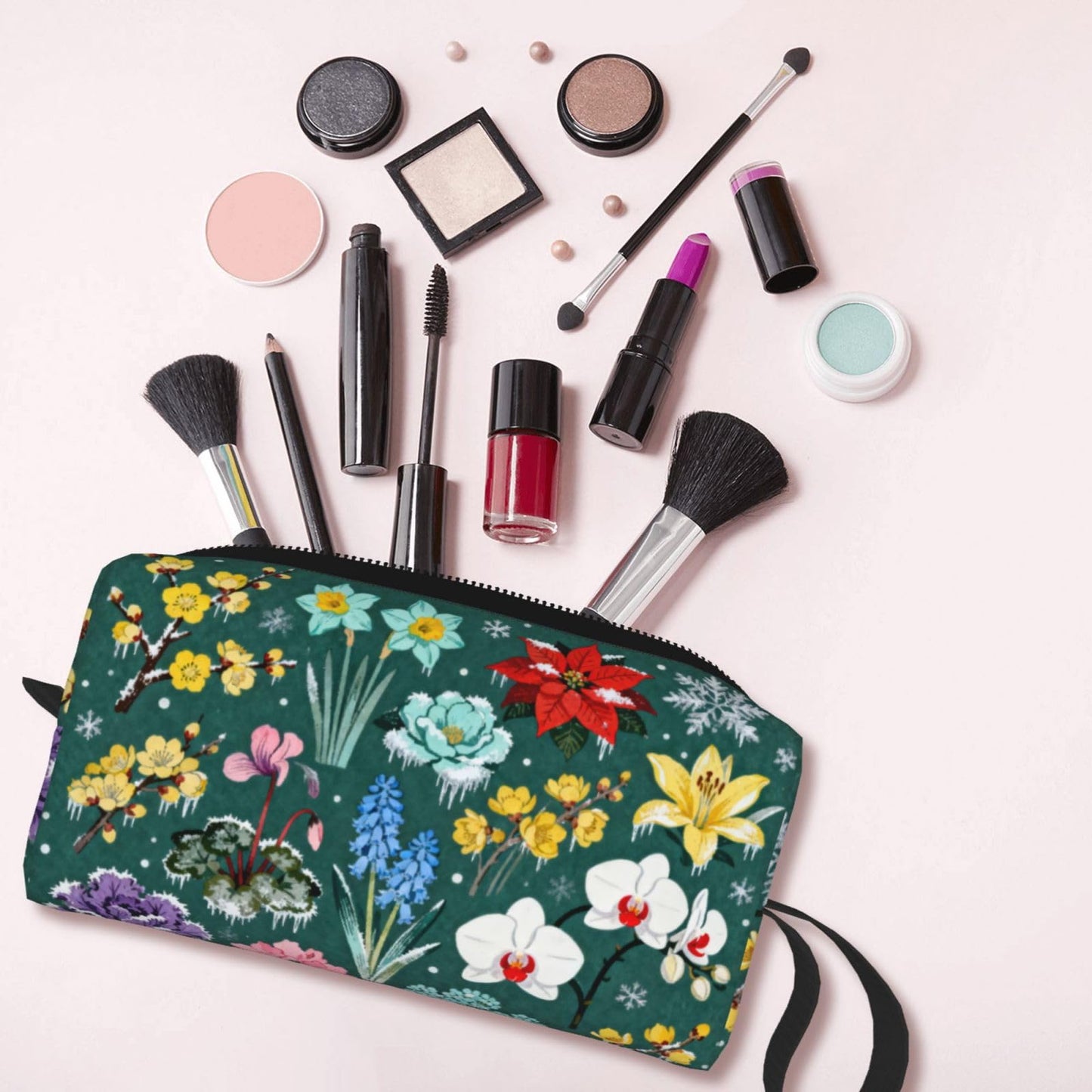 OLUSENMO Frosted Floral Makeup Bag - Durable 600D Oxford Fabric, Impact-Resistant & Compact, Travel Cosmetic & Makeup Organizer for Gym & Daily Use