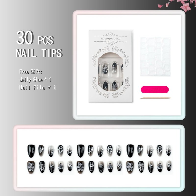 Black Press-On Nails - 30pcs Short Almond Design with 3D Flowers & Pearls | Gradient French Tips for Women