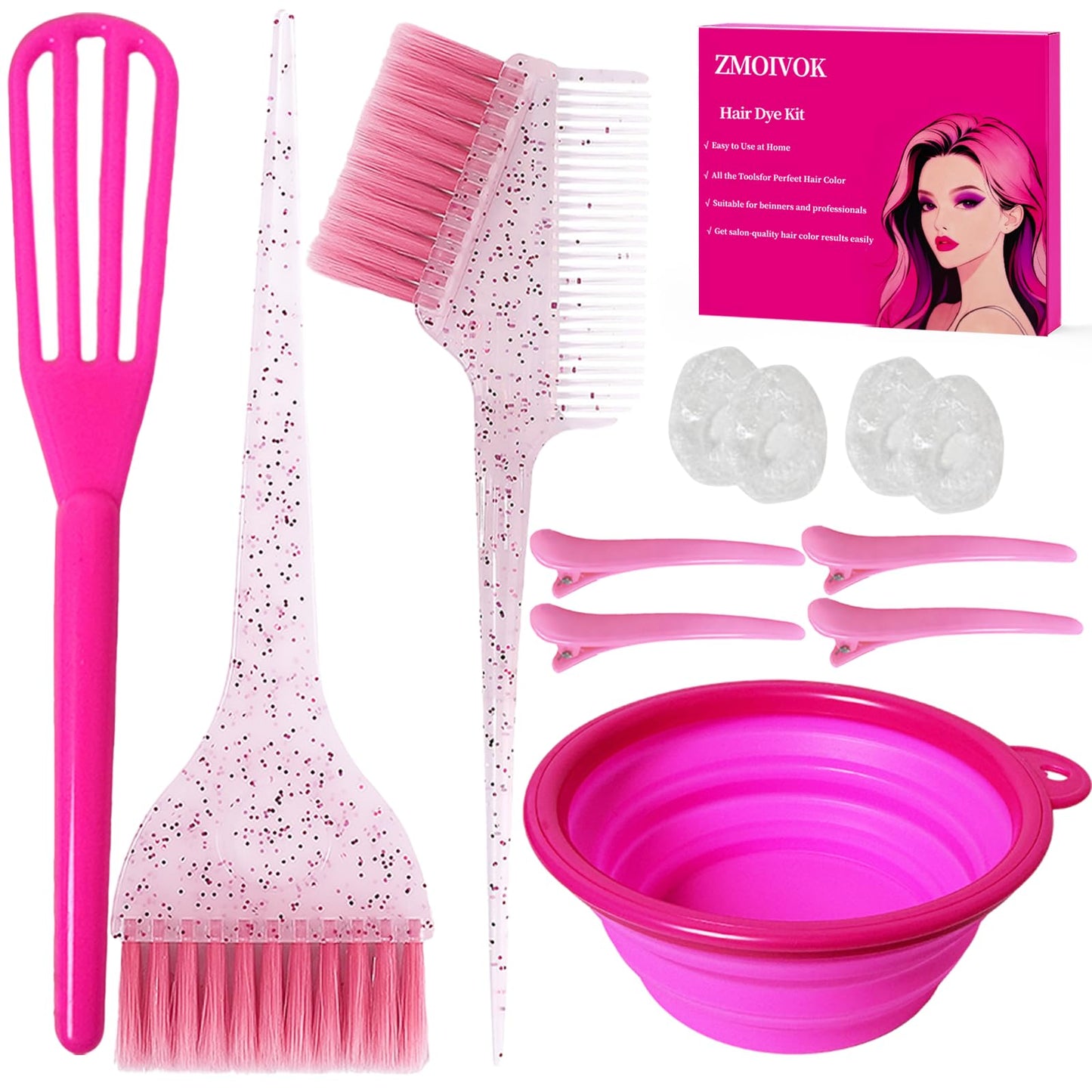 12 pcs Hair Dye Kit Professional Salon Tools with Hair Dye Brush and Bowl Set Hair Bleach Kit,Dye Clips Gloves Ear Covers,for Hairstylist and Women Hair Bleaching Coloring Highlighting Kit (12, pink)