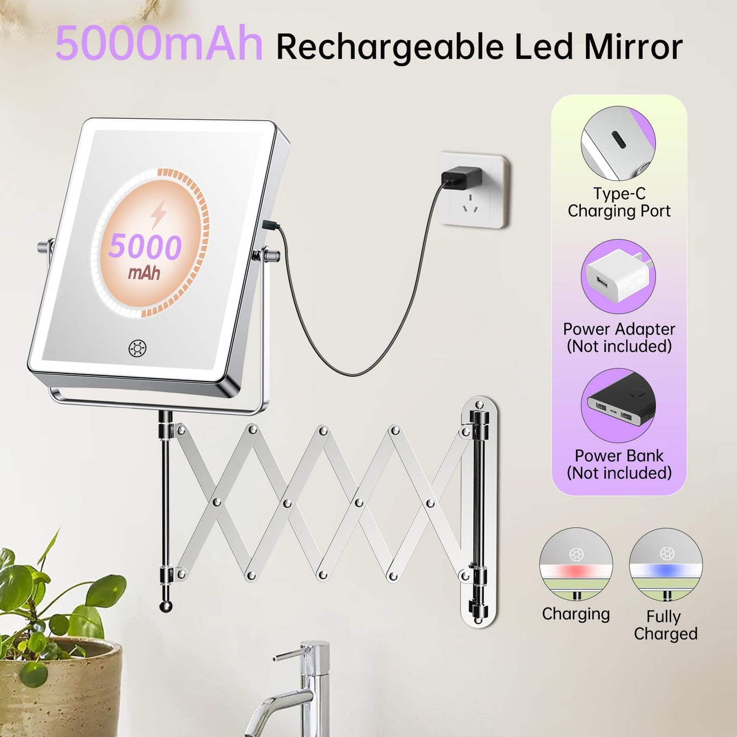 FASCINATE 5000mAh Rechargeable Wall Mounted Makeup Mirror with Lights, 8.7 Inch Double Sided Touch Switch 1X 30X Magnifying Bathroom Mirror, 3 Color Lights Dimmable Extended Arm 360°Rotation (Chrome)