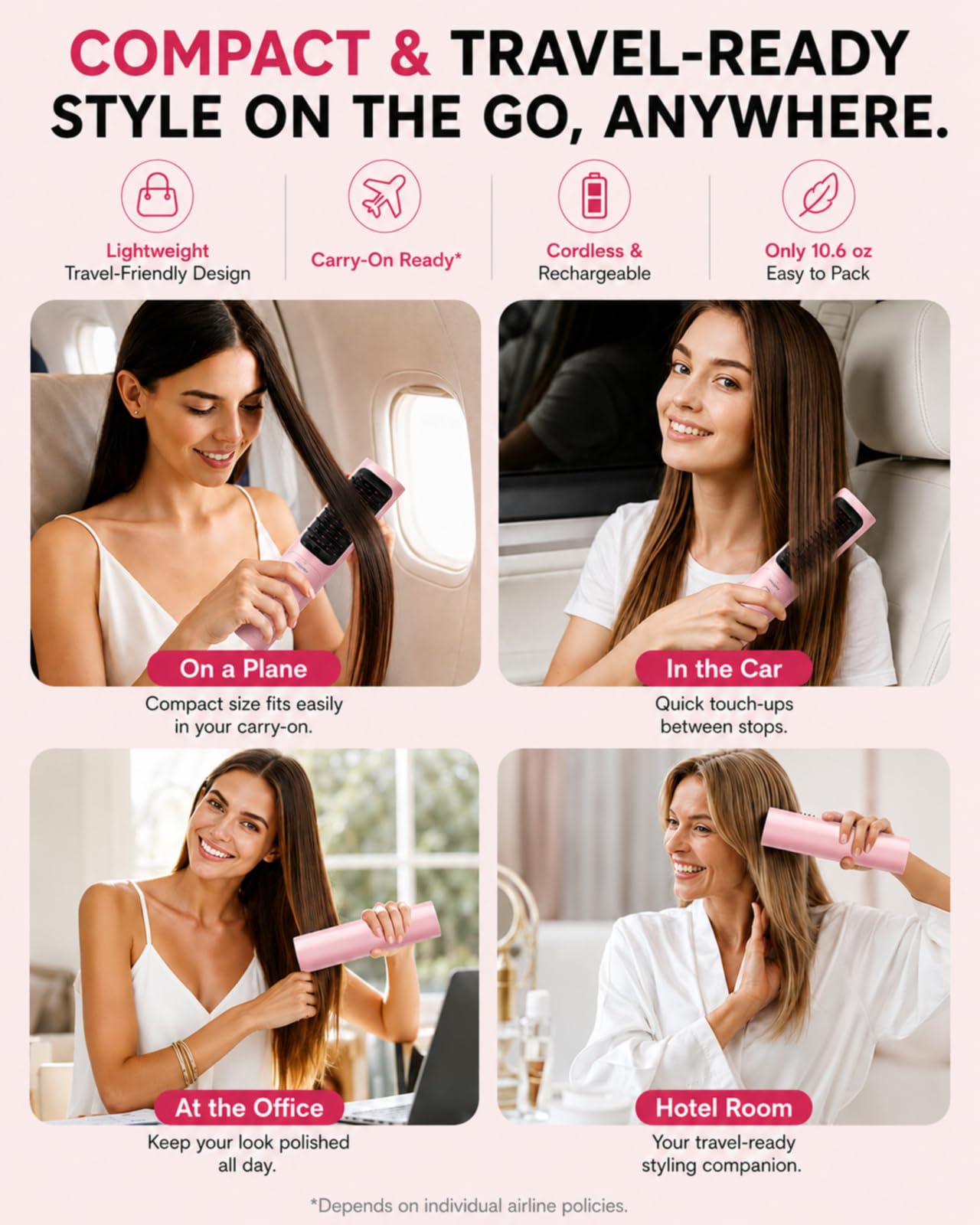Cordless Hair Straightener Brush, Portable Straightener with Ionic Hair Brush Care, Fast Heated Styling, 3 Heat Levels, and Anti-Scald Care for Travel, Office, and Hotel, Gift for Women, Mirage Pink