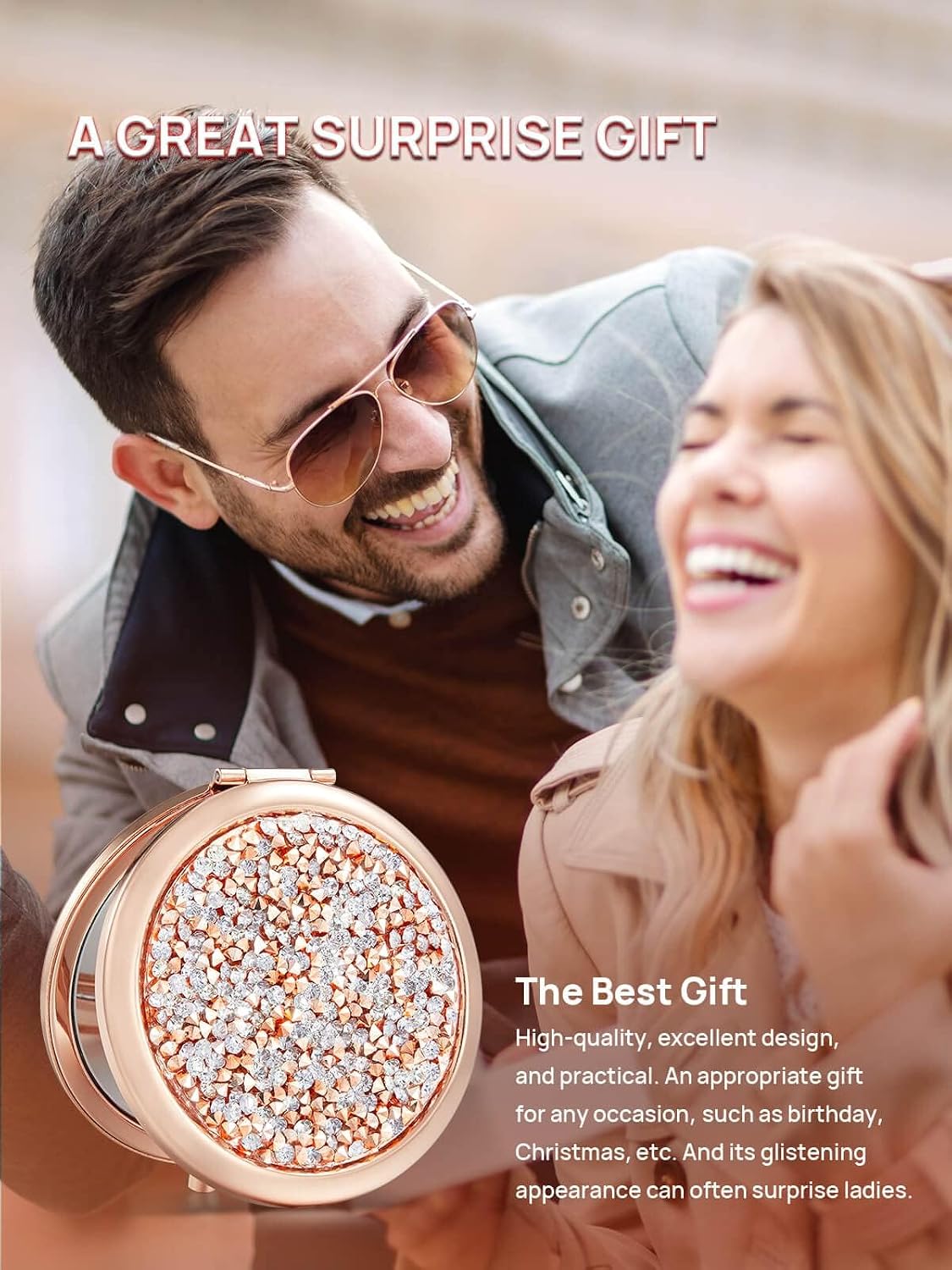Omiro 1X/10X Magnifying Purse Mirror - Inspirational Gift for Women | Rose Gold, Diamond Accents