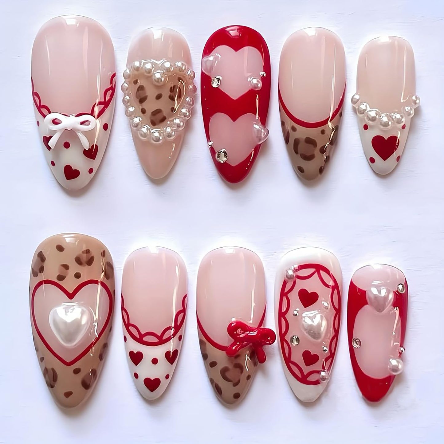Leopard Print Press-On Nails - 30 Pcs Medium Almond Acrylic with Heart Pearl Bow & Rhinestones | Romantic Valentine’s French Tip Design