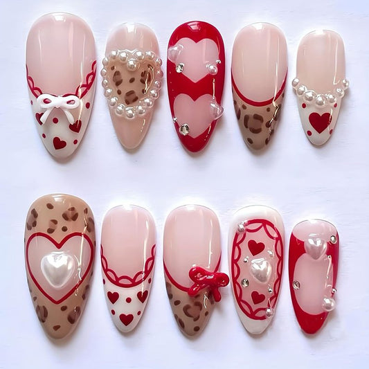 Leopard Print Press-On Nails - 30 Pcs Medium Almond Acrylic with Heart Pearl Bow & Rhinestones | Romantic Valentine’s French Tip Design