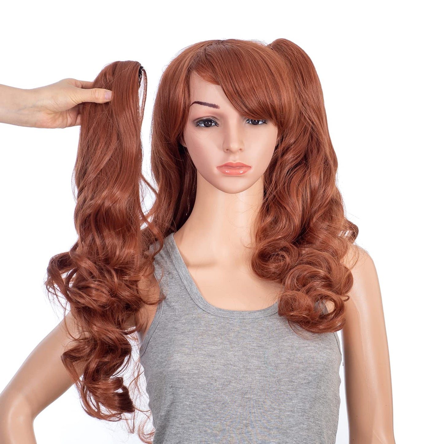 Long Curly Double Claw Clip Ponytail Wig - Synthetic Pastel Color for Cosplay | Dark Copper Red