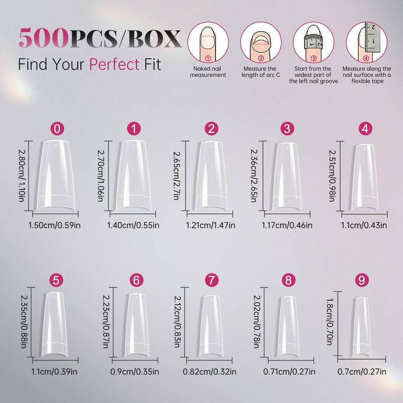 krofaue 500PCS Clear False Nails Tips - Half Cover Lady French Style Acrylic Artificial Tip Manicure with Box of 10 Sizes for Nail Tips Art Salons and Home DIY