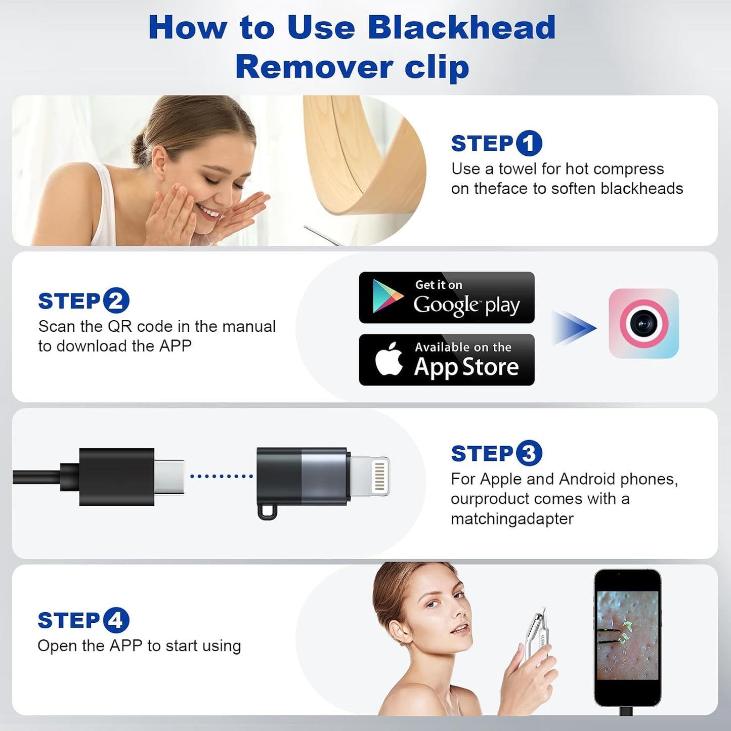 Blackhead Remover Tool - Professional Pimple Popper with 30X Magnification HD Camera | Silver Finish