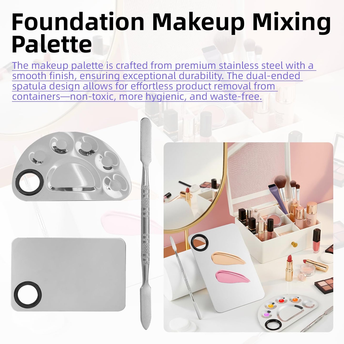 8Pcs Makeup Mixing Tray Makeup Palette with 4Pcs Makeup Spatula and a Makeup Brush, Stainless Steel Makeup Palette Mixing Tray Nail Art Foundation