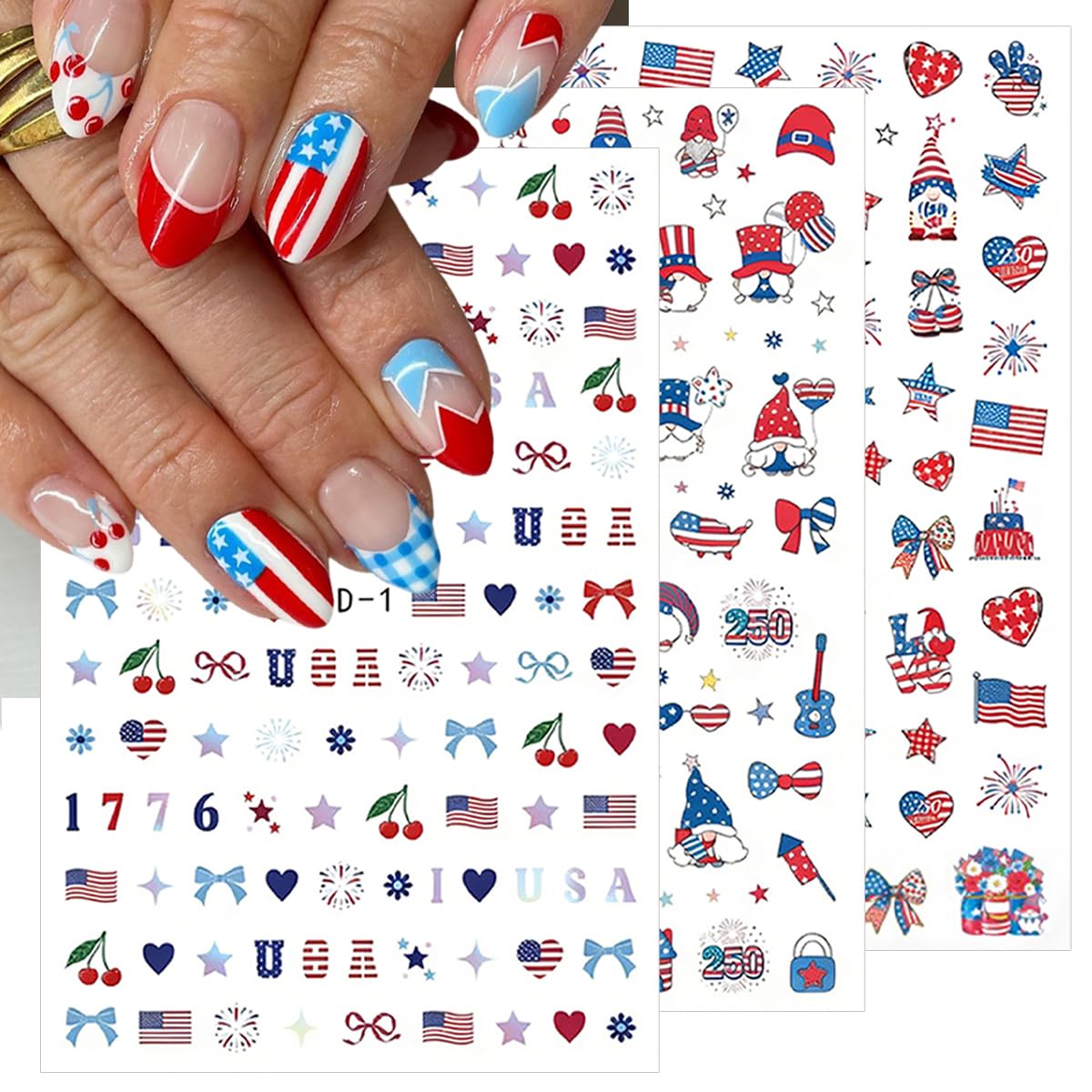 6 Sheets 4th of July Nail Stickers 250th Anniversary Patriotic Nail Decals Self-Adhesive American Flag Firework Gnome Nail Design Independence Day Stickers for Women DIY Manicure Decor