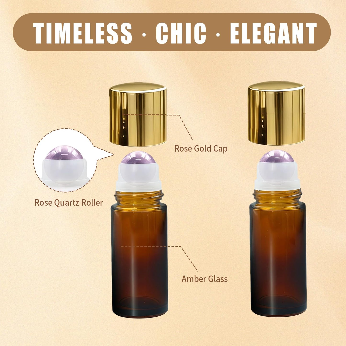 Warmify 2 Pack Amethyst Roller Bottles for Essential Oils, 50ml Refillable Amber Glass Roll On Bottles with Natural Crystal Roller Balls, Leak-Proof Travel Perfume Bottle with Gold Caps