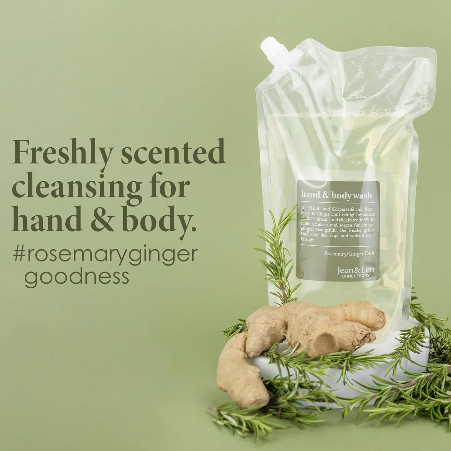 Moisturizing Liquid Hand & Body Wash - Rosemary Ginger Refill Pack | Vegan, Silicone & Paraben Free, 50.7 Fl. Oz.