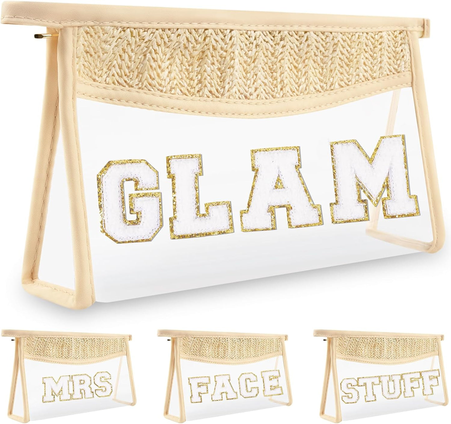 Clear Makeup Letter Patch Bag - Boho Transparent Toiletry Pouch | Small Waterproof Cosmetic Organizer for Women