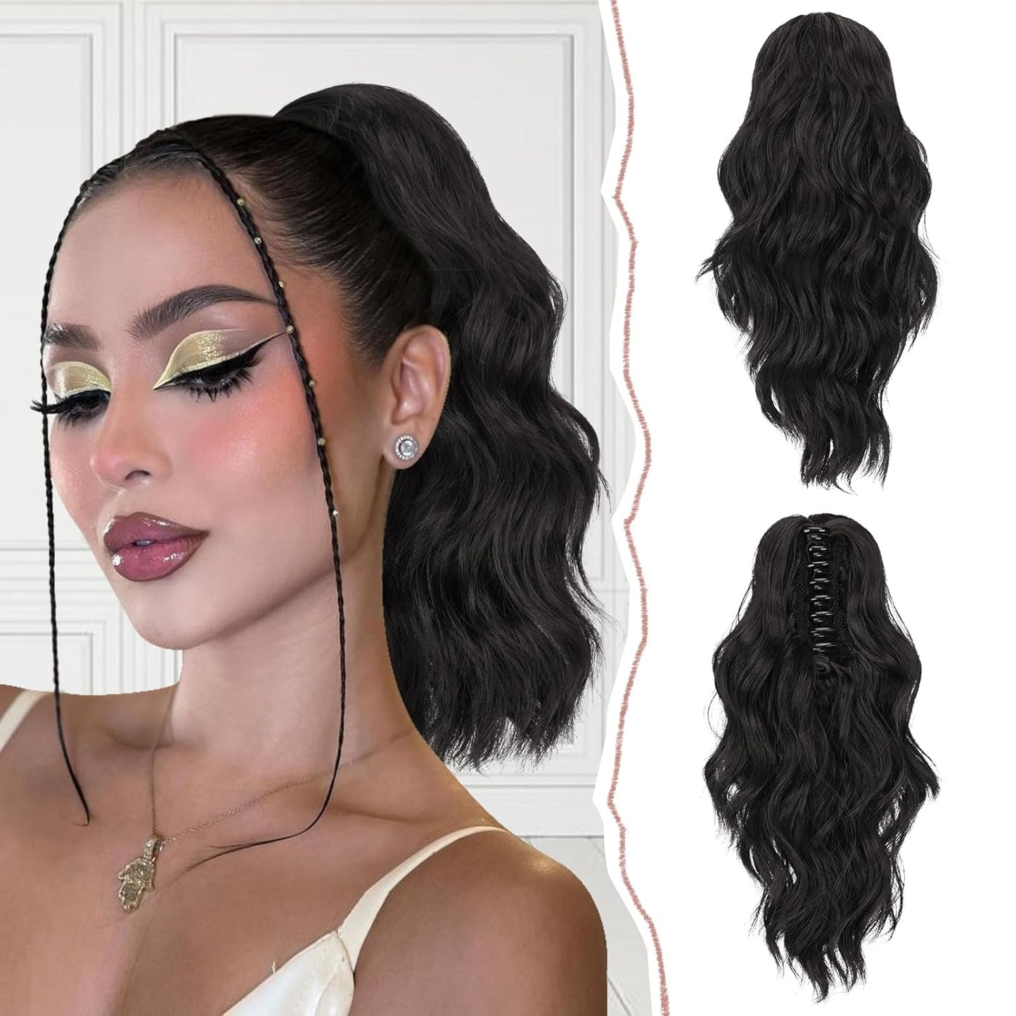 Ponytail Extension - Short Wavy Claw Clip-In Synthetic Hairpiece | Black Layered Curly Drawstring for Women