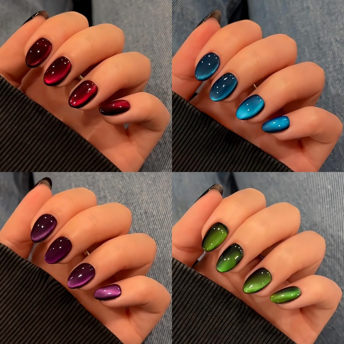 KQueenest Cat Eye Press On Nails - Glitter Almond Medium | 96 Pcs Sparkle Chrome Fake Nails for Women