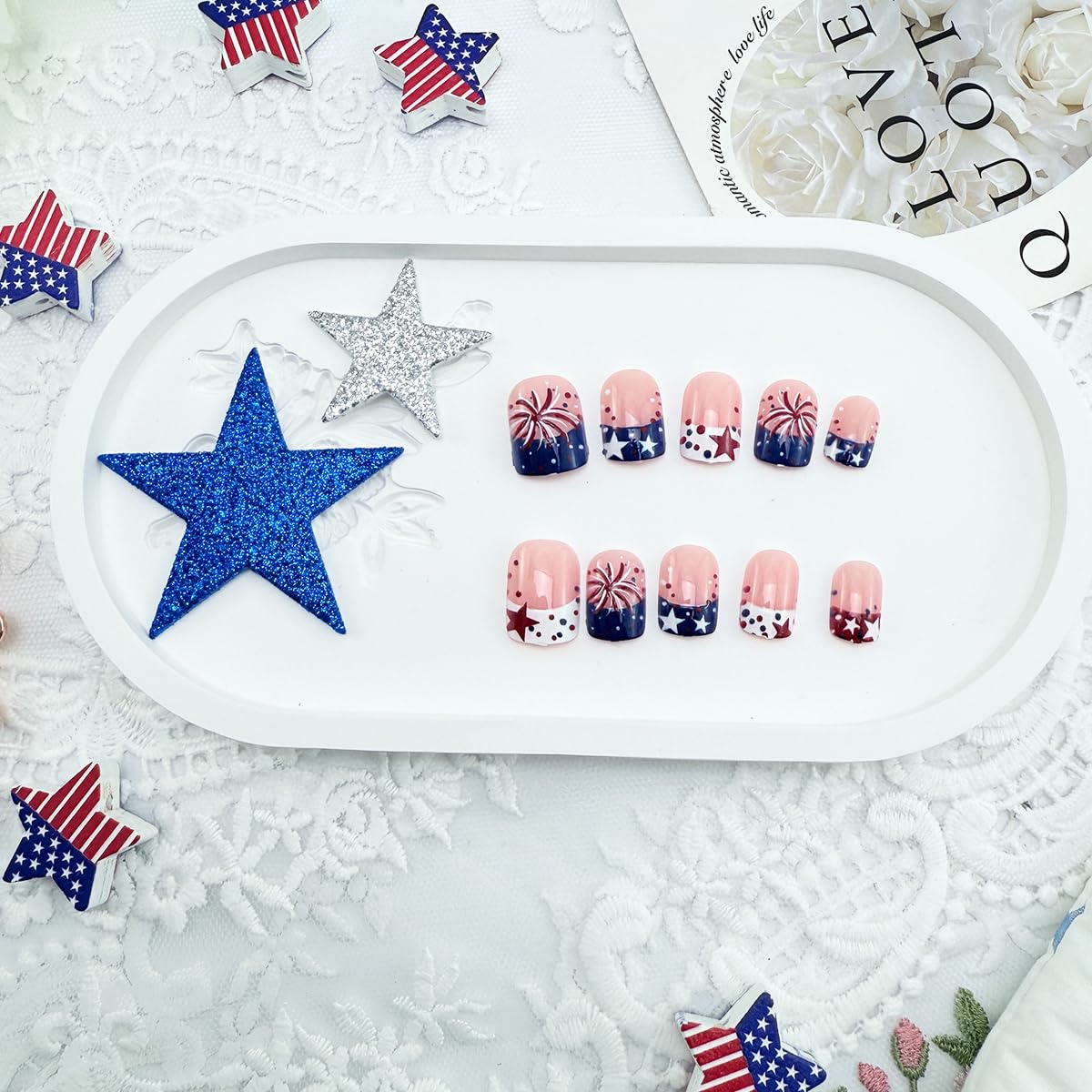 24Pcs 4th of July Press-On Nails | Short Square French Tip with Patriotic Red, White, and Blue Designs