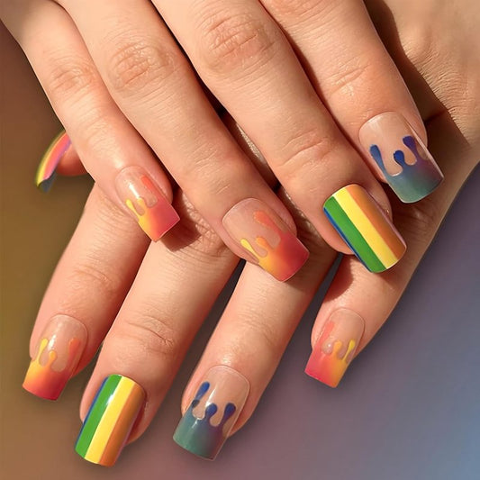 Rainbow Press On Nails - Medium Square Fake Nails with Colorful Stripes | Glossy Full Cover 24 Pcs for Summer