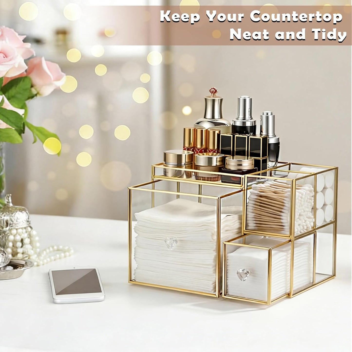 Glass Face Towel Holder with Drawer - Disposable Facial Towels Container for Vanity | Skincare Organizer & Cotton Pads Storage