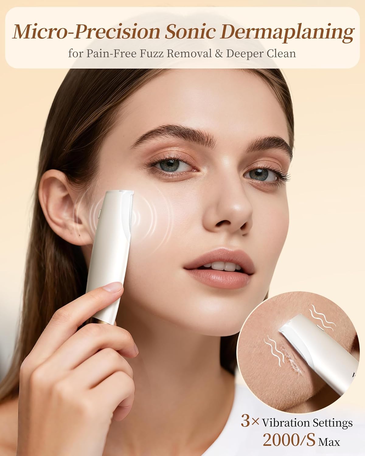 Sonic Dermaplaning Tool - Rechargeable Facial Hair Remover & Exfoliator | 8 Refill Blades, Smooth Skin - White