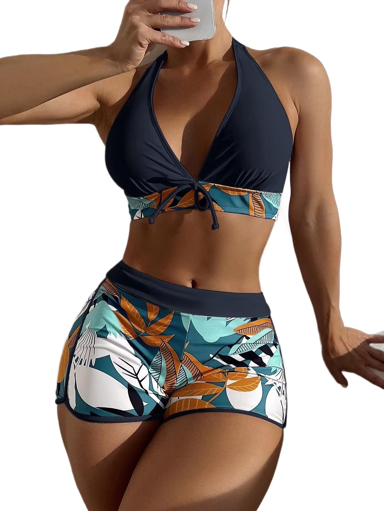 Women’s High Waisted Boyshort Bikini Set - Halter Top with Front Tie Leaf Print 2 Pieces Swimsuit Modest Bathing Suit