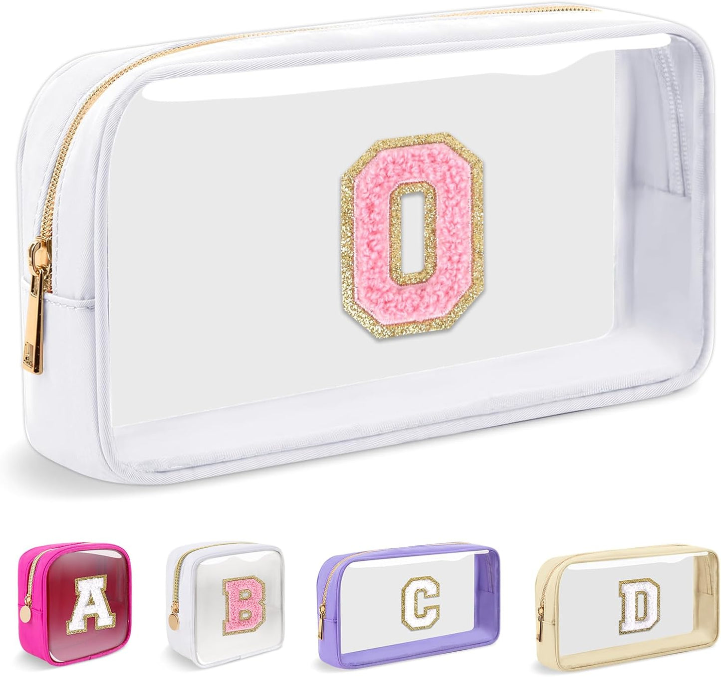 Personalized Initial Makeup Bag - Waterproof Nylon Cosmetic Pouch | A-Z Chenille Letter Patch, White-Pink G