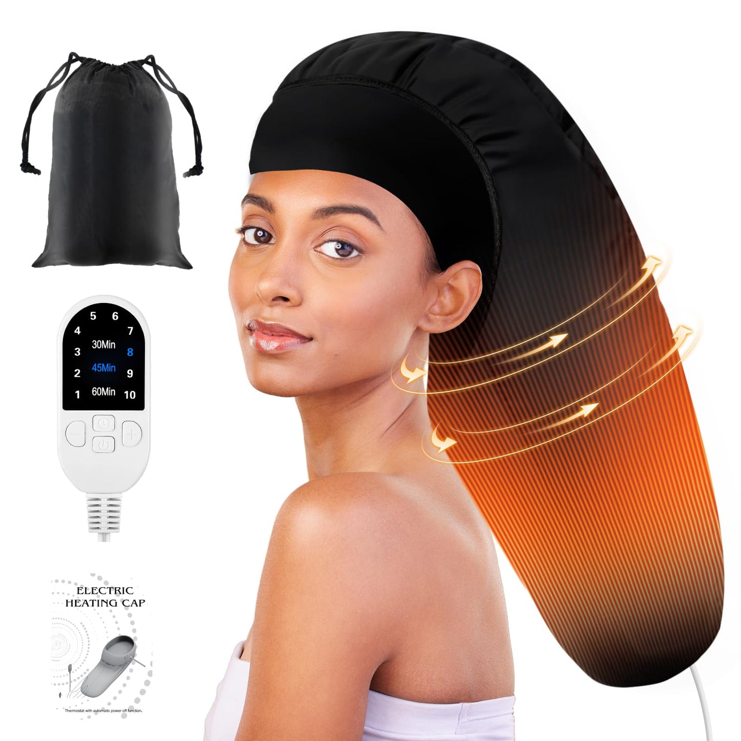 Heated Cap for Deep Conditioning: Upgraded Extra Large 10-Level Fast Heating 3 Time Settings Hair Steamer Cap for Natural Black Hair Portable Thermal Steam Cap for Home Hair Treatment - Deep Black