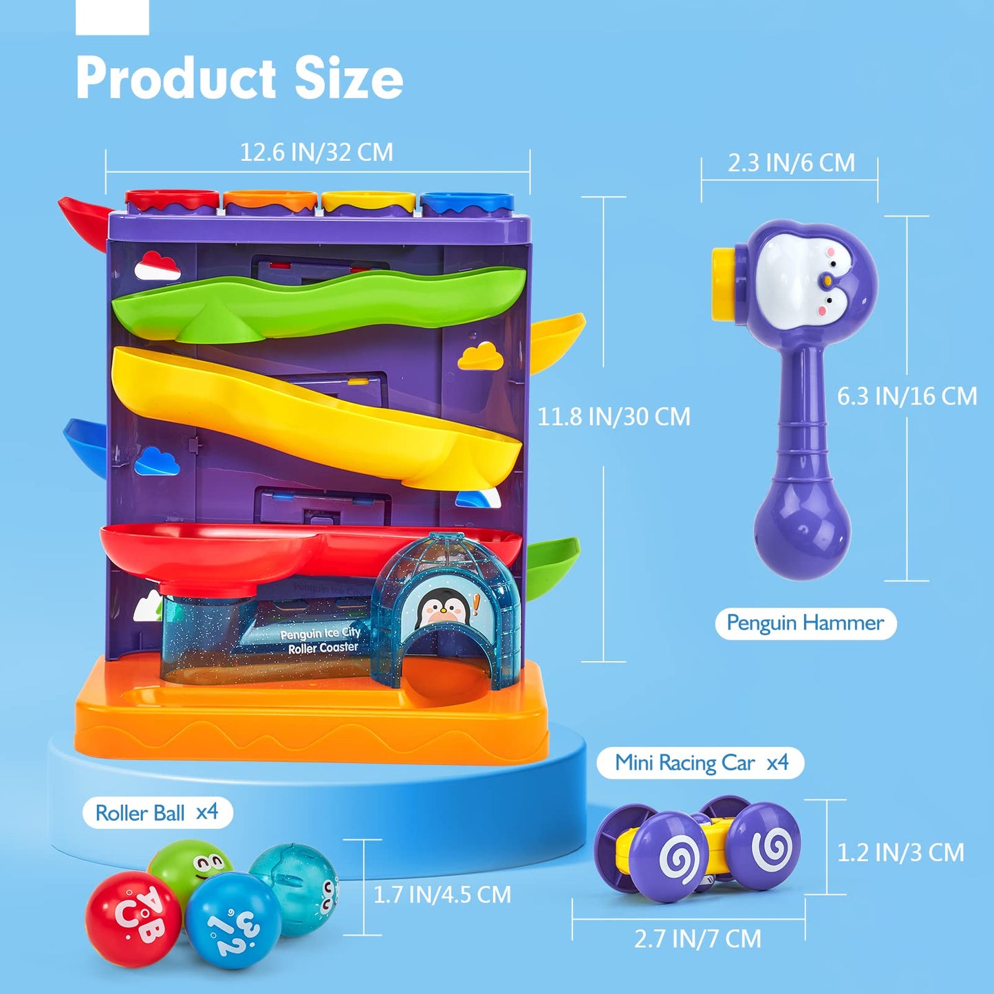 hahaland Ball Drop Toys for 1 Year Old, 2 in 1 Pound a Ball & Car Ramp Montessori Toys for 1 Year Old, Cause and Effect Toys with 4 Balls, 4 Cars & Squeaky Hammer, Toddler Birthday Gift 12M+