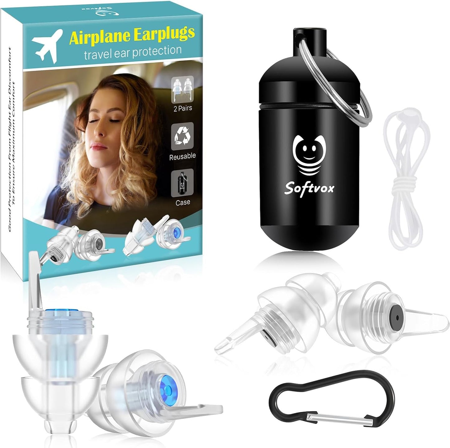 Airplane Ear Plugs - Pressure Relief Earplugs for Travel | Reusable Soft Earbuds, 25dB Noise Reduction, 2 Pairs