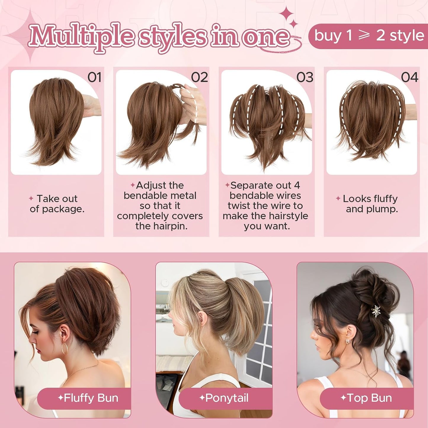 Claw Clip Short Ponytail Hair Extensions - Messy Bun Hair Piece for Women | DIY Bendable Synthetic Hair #12 Light Chocolate Brown