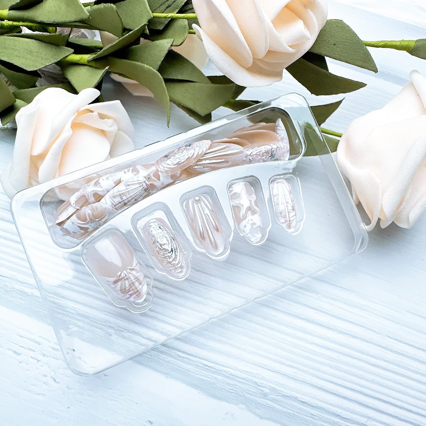 30Pcs Summer Beach Press-On Nails - Medium Almond French Tip with 3D Pearl Seashell Designs | Ocean-Inspired Acrylic Nails for Women
