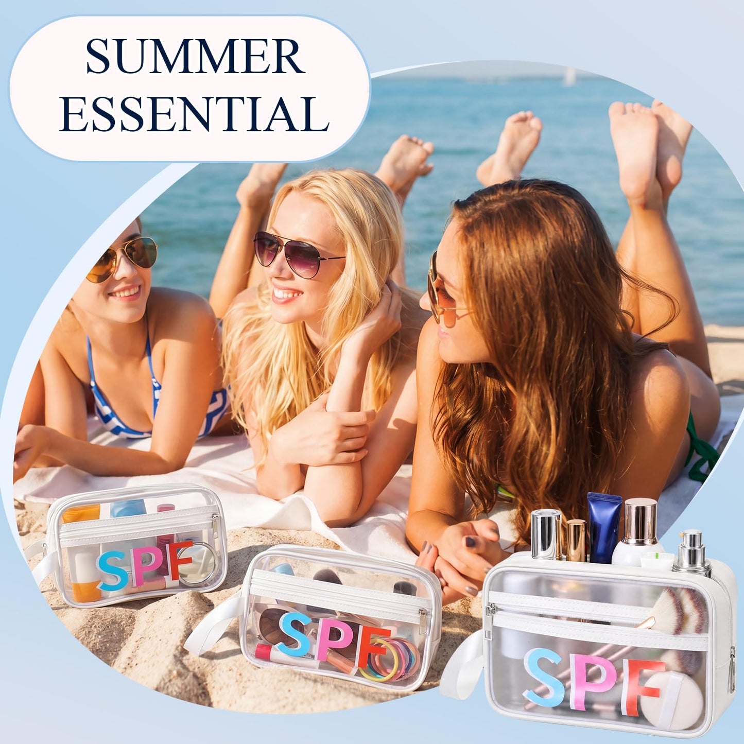 SilTriangle 6 Pcs Clear Toiletry Bag Bulk 5.7 x 9.25 Sunscreen Bag Beach Vacation Essentials for Women Waterproof Spf Makeup Pouch Travel Cosmetic Pouch Gift for Women Girls Summer Beach Pool