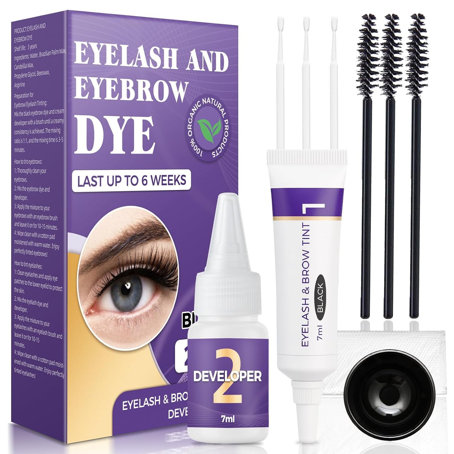 Eyelash & Eyebrow Tint Kit - Professional 2-In-1 Color Solution | Natural Ingredients, Lasts 6 Weeks, 7ml (Black)