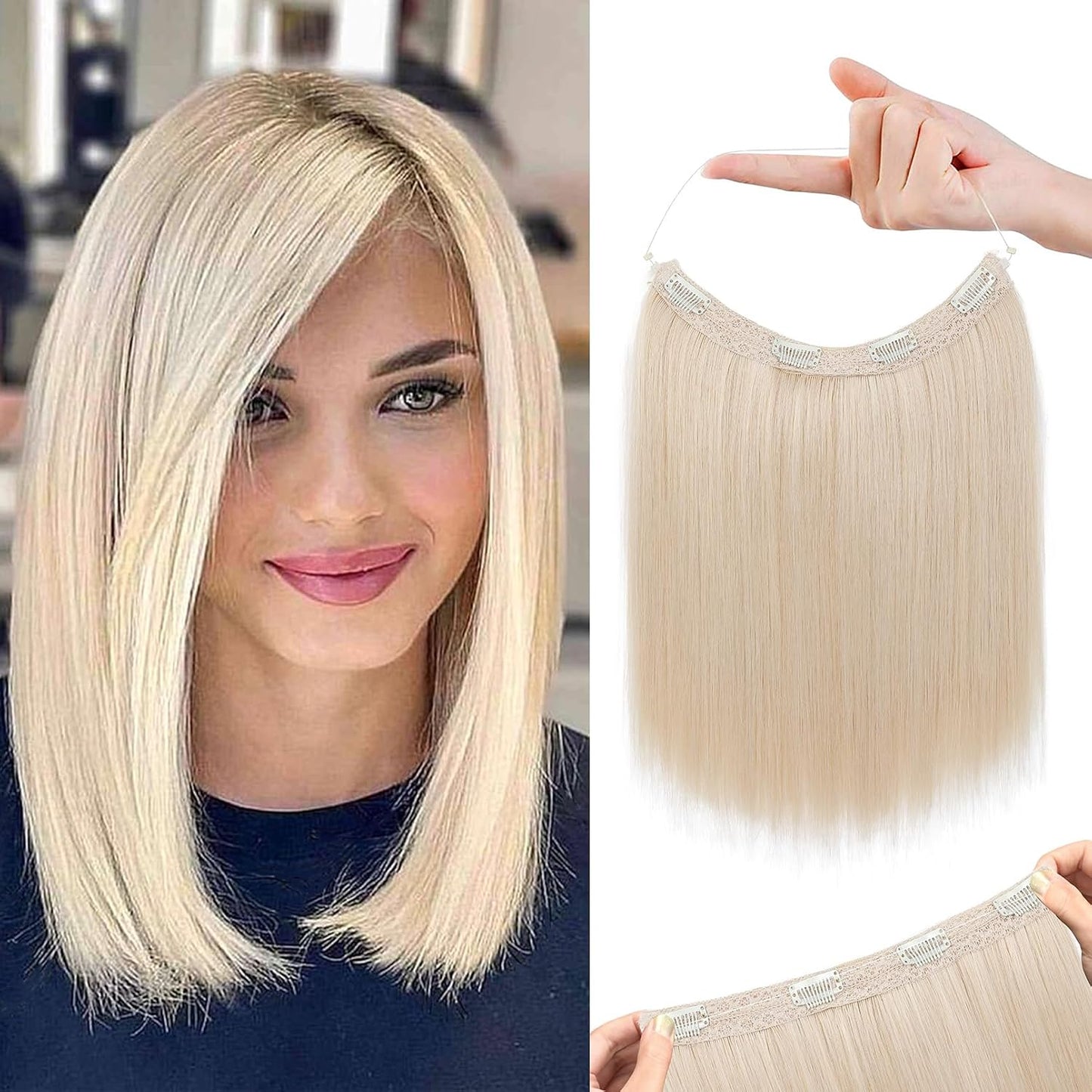 Invisible Wire Hair Extensions - Thinner Softer Lace Weft, 12" Short Straight Clips | Ash Blonde with Highlights