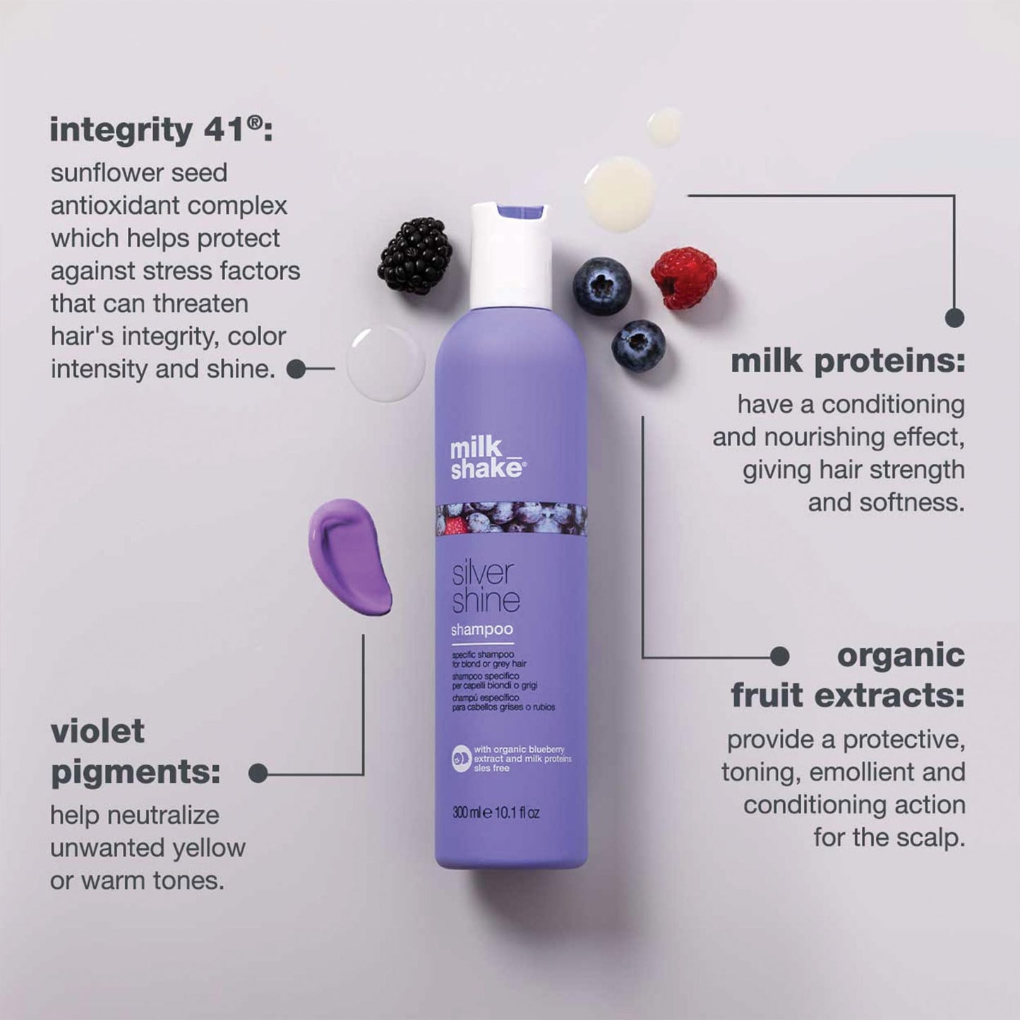 milk_shake silver shine shampoo | purple shampoo to help reduce yellow and brass in white, grey or natural blonde hair | with milk proteins and fruit extracts | for bright, soft hair, 10.1 fl oz
