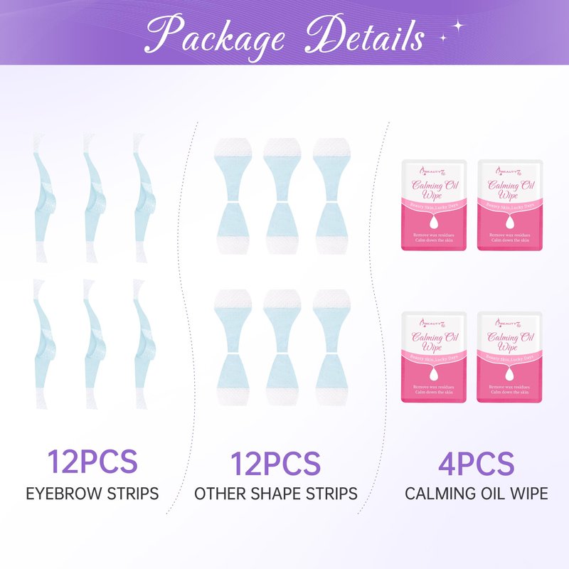 Beauty7 Sensitive High Arched Eyebrow Wax Strips, Facial Hair Removal, 24 Eyebrow Waxing Strips, 4 Calming Oil Wipes, for Sensitive Skin Types for Women (24 Strips)