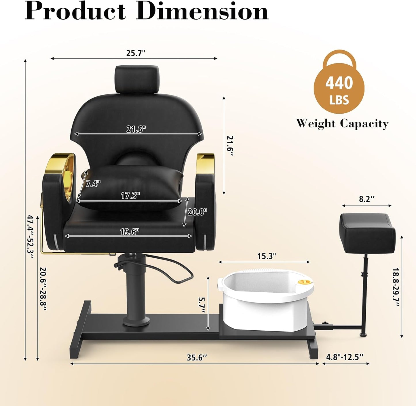 Hydraulic Pedicure Chair - Height Adjustable, 360° Swivel Foot Spa with Massage Bath | Black with Pillow