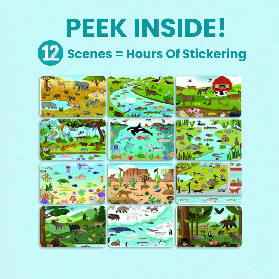 Animals Habitat Sticker Book for Kids - 500+ Stickers, 12 Coloring Pages & Scenes | Travel Activity for Ages 2-8