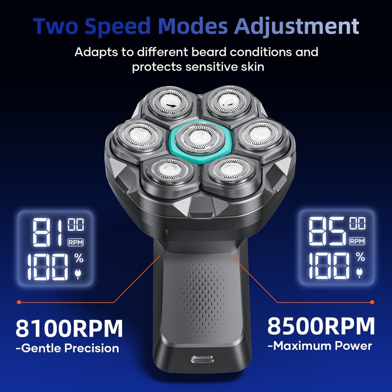 7D Head Shavers for Bald Men - kensen Upgrade 7D Head Shavers, Ergonomic Comfort-Grip Handle with 2 Speed Settings Long Battery Life Bald Razor IPX6 Waterproof Wet/Dry Shaving LED Display