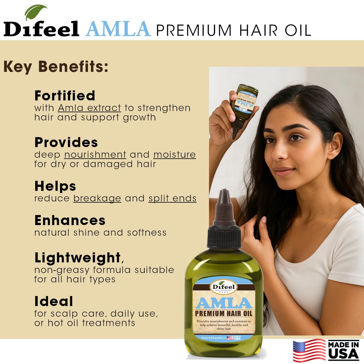Difeel Amla Premium Hair Oil - Travel Size 2.5 Ounces -Amla Oil for Hair Growth, Strengthens Hair, Reduces Breakage and Supports Natural Growth