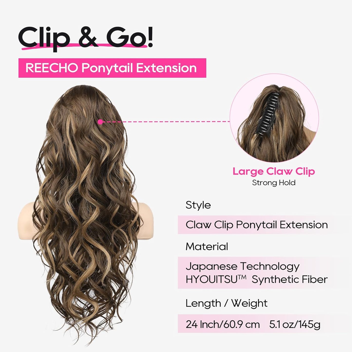 24-Inch Curly Ponytail Extension - Natural Synthetic Hairpiece for Women | Chocolate Brown with Highlights