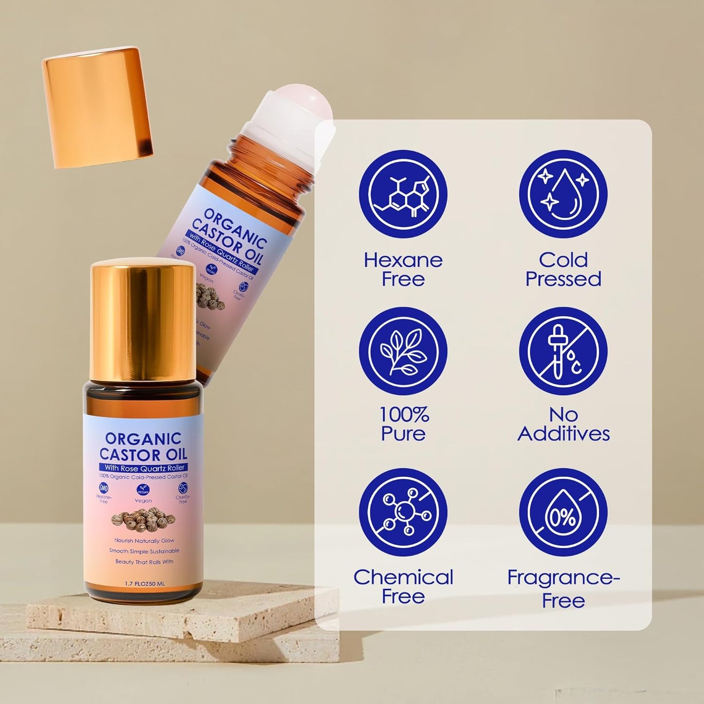 Castor Oil Rose Quartz Roller - 100% Pure Cold-Pressed Oil for Hair Growth, Eyelashes & Skin Care | 1 oz