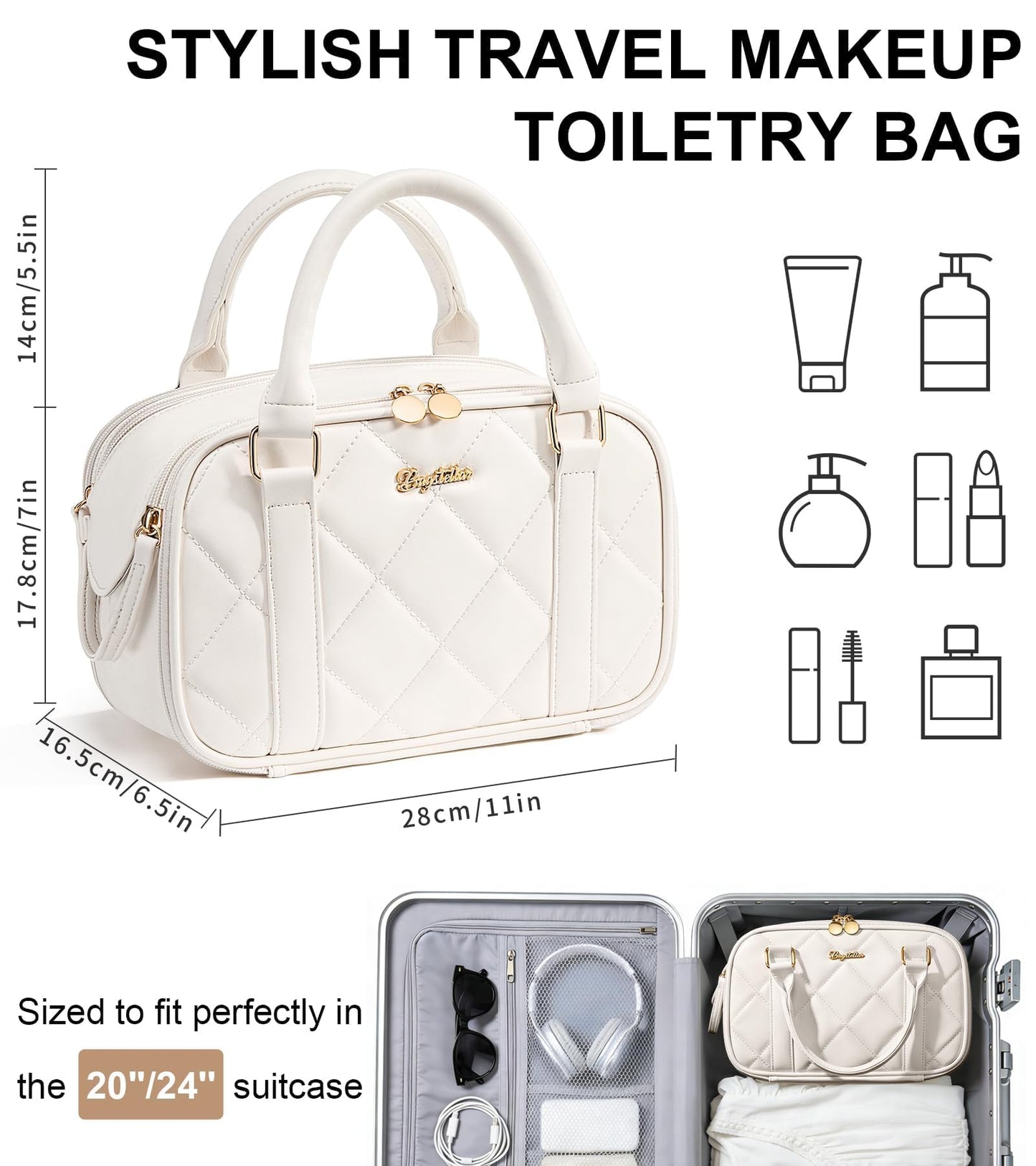 Bagstellar Travel Makeup Bag, Large Capacity Quilted Toiletry Bag for Women Stand-up Cosmetic Bag Open Flat Make Up Case Organizer Portable Pouch Purse w/Handle for Traveling Accessories Ivory White