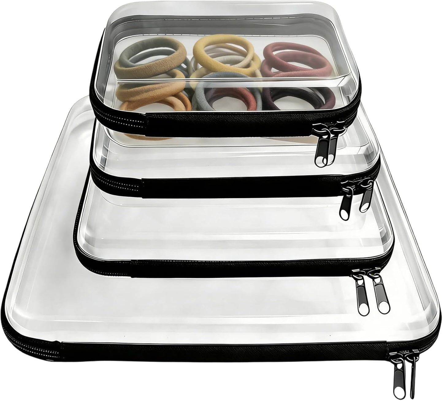 Clear Hard Shell Double-Zipper Pouches - Transparent Organizer Bags for Travel, Cosmetics & Toiletries | 4-Pack (White)