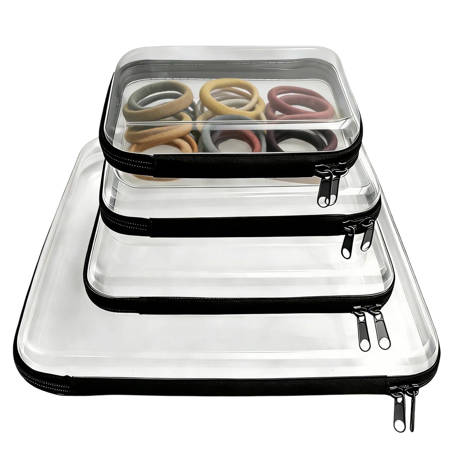 Bifrgmy 4PCS Clear Hard Shell Double-Zipper Pouches, Transparent Plastic Organizer Bags for Travel Cosmetics, Toiletries, Toy Storage & More (Black)