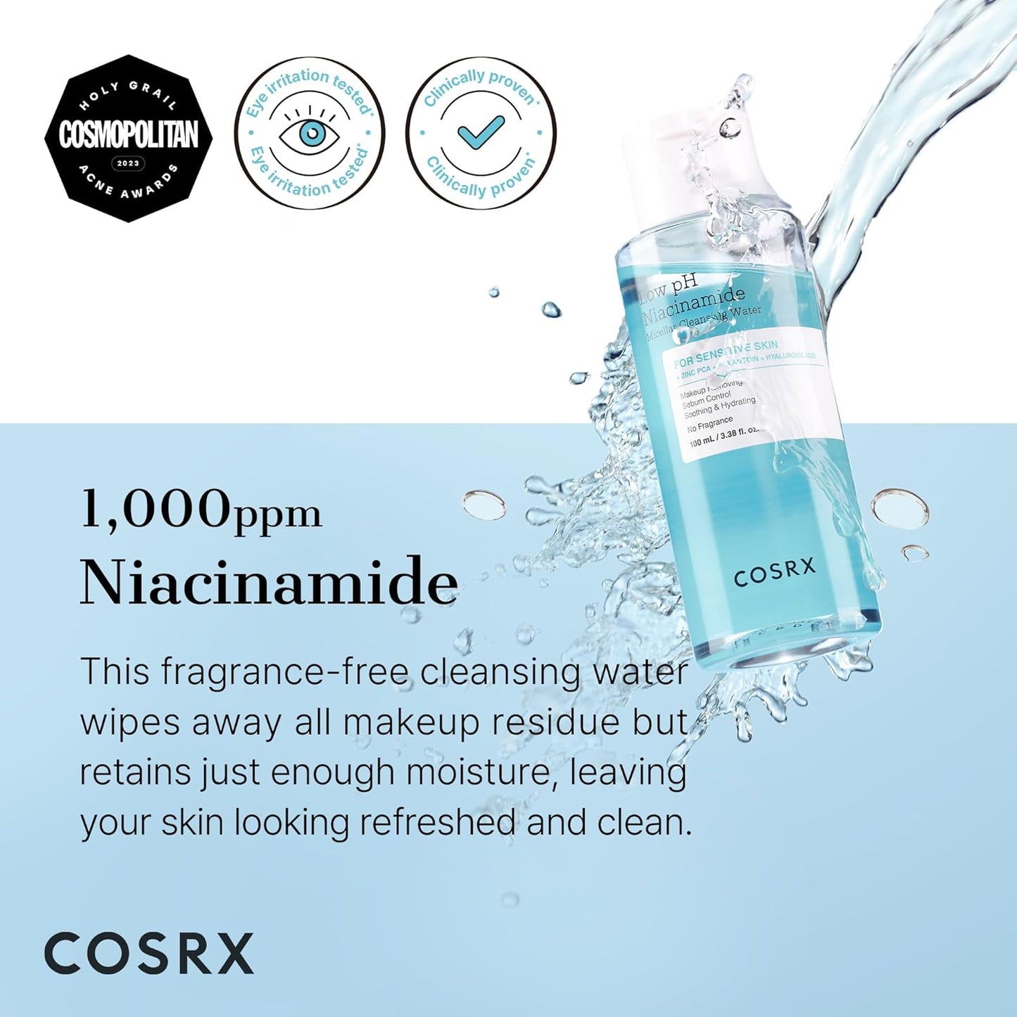COSRX Low pH Niacinamide Micellar Cleansing Water - Gentle Facial Wash for Sensitive Skin | 3.38 fl. oz (100 ml)
