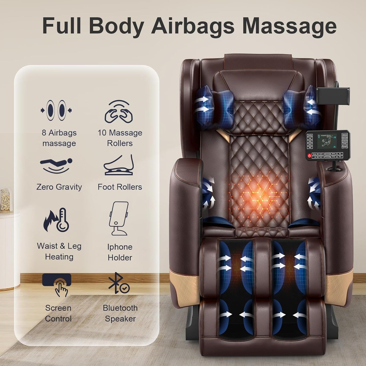 FURNIMAT Full Body Massage Chair - Zero Gravity, 10 Rollers, Airbags, Heating | Brown Premium
