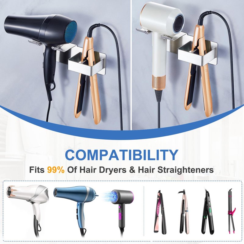 Hair Dryer Holder Wall Mounted, Hair Straightener Holder Metal, Adhesive Blow Dryer and Hair Straightener Holder, Bathroom Bedroom Hair Tool Organizer for Flat Iron,Curling Iron,Hairdryer (Sliver)