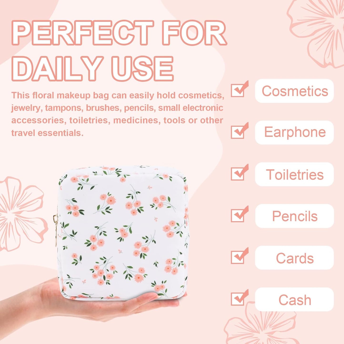 Waterproof Mini Floral Makeup Bag - Nylon Travel Pouch for Women | Cute Zipper Toiletry Organizer (Mini White-Flowers)