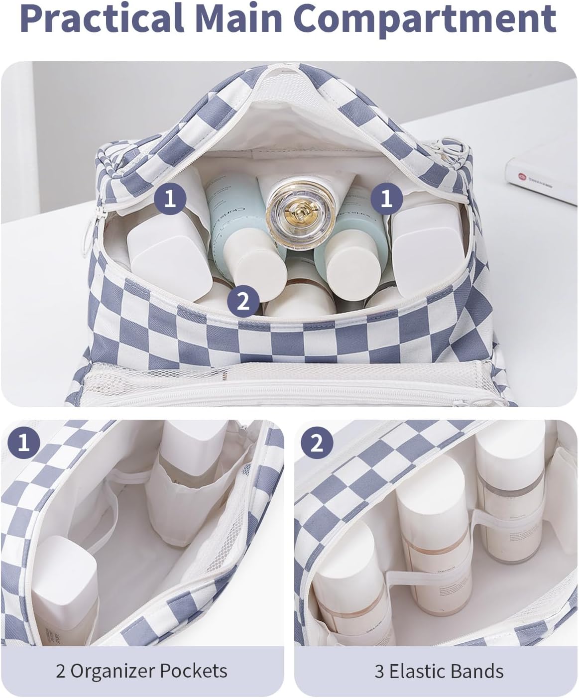 Narwey Small Hanging Travel Toiletry Bag - Checkered Makeup Organizer for Women | Grayish Blue Checkerboard
