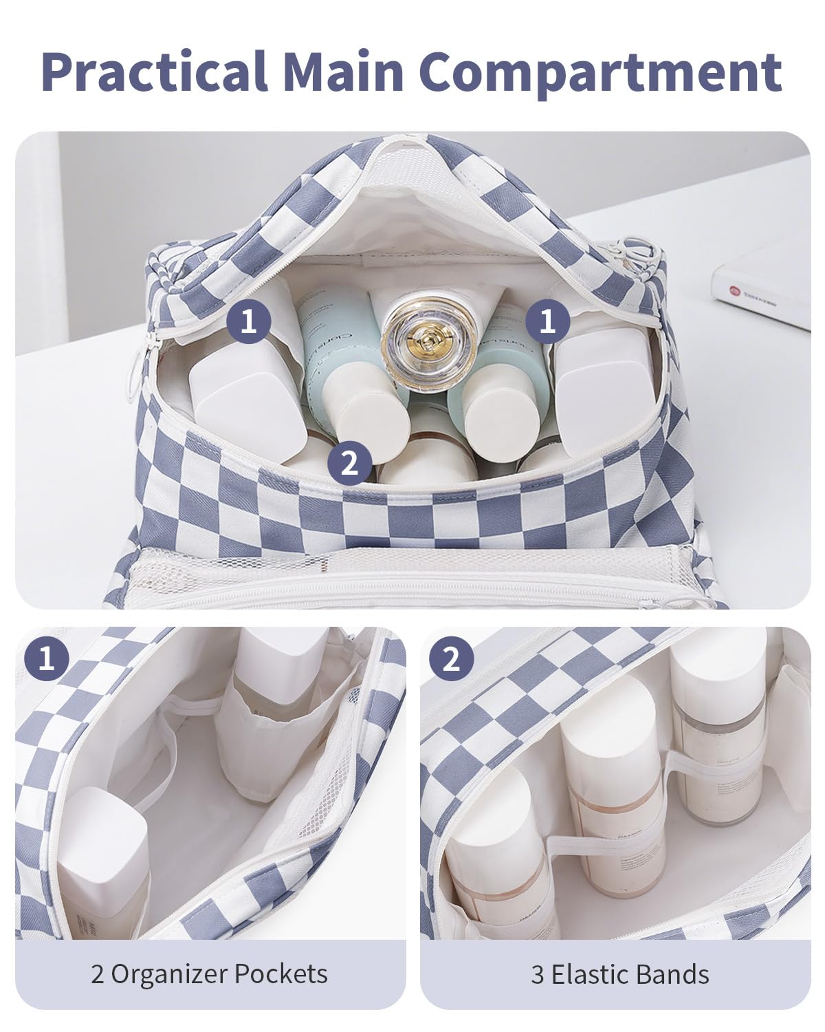 Narwey Small Hanging Travel Toiletry Bag for Traveling Women, Checkered Travel Bag for Toiletries, Makeup Bag Organizer Make Up Cosmetic Bags, Gifts for Kids Teen Girls (Grayish Blue Checkerboard)